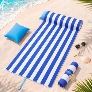 2 in 1 Microfiber Beach Towel with Flat U-Shaped Inflatable Pillow 71'' x 32'' Blue White Stripe Lounge Chair Towel Oversized Quick Dry Blanket with Straps Pillowcases for Seaside Pool, Large