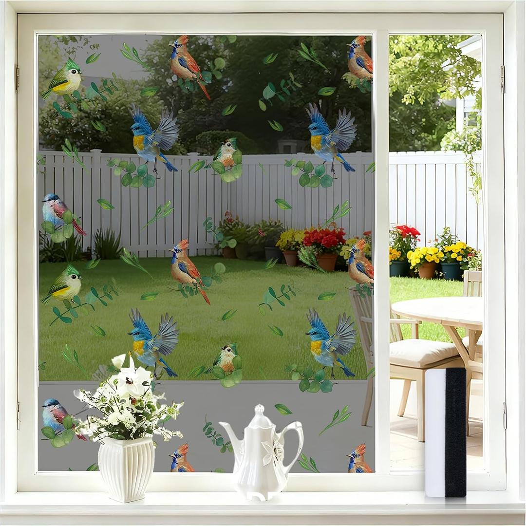 2 x One Way Privacy Window Film for Home, 99% Heat UV Blocking Window Tint, Birds & Leaves Decorative Static Cling Film, Professional Squeegee for Bubble-Free Install, No Residue, 17.5"W x 78.7"H