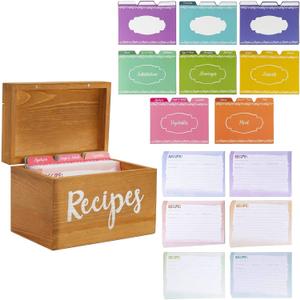 Juvale Wooden Recipe Box with Cards and Dividers with Meat, Veggie, Dessert Tabs (7x5x5 in)