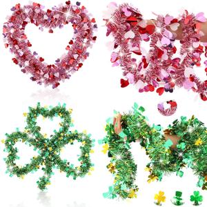 2 x 2 Pack 33 ft Valentines Day Decorations Valentines Heart Tinsel Garland St Patrick's Day Green Shamrock Hat Tinsel Garland for Tree Home Indoor Outdoor Irish Party Supplies Wedding Decor