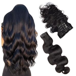 Essent Seamless Body Wave Clip in Hair Extensions Seamless Real Human Hair, 22 Inch 1Pack 130g 7Pcs Human Hair Extensions for Women Natural Black