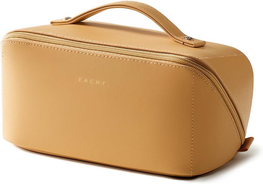EACHY Travel Makeup Bag, Large Capacity Cosmetic Bag for Women, Waterproof PU Leather, Flat Open Portable Toiletry Bag for Skincare, Brushes & Travel Essentials (Medium, AM-Yellow)