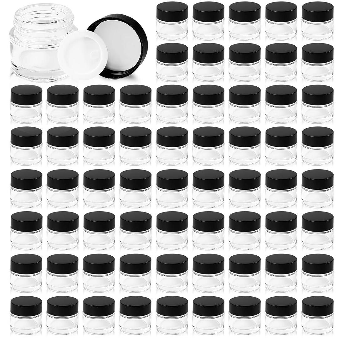 70 Pack 10ml Small Clear Jars with Black Lids, Empty Glass Cosmetic Containers with Liners Round Bulk Airtight Cream Bottle for Beauty Product Samples, Travel, Storing Lotions, Essences