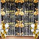 2 Pack Happy New Year Party Decorations 2026 Black and Gold Happy New Year's Eve Foil Curtains Metallic Fringe Tinsel Curtain 2026 Party Backdrop Supplies 3.3 x 6.6 ft Photo Prop Streamer