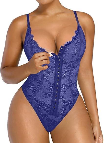 SHAPELLX Lace Bodysuit for Women Tummy Control Shapewear Backless Body Suits One Piece Body Shaper Thongs, Size L