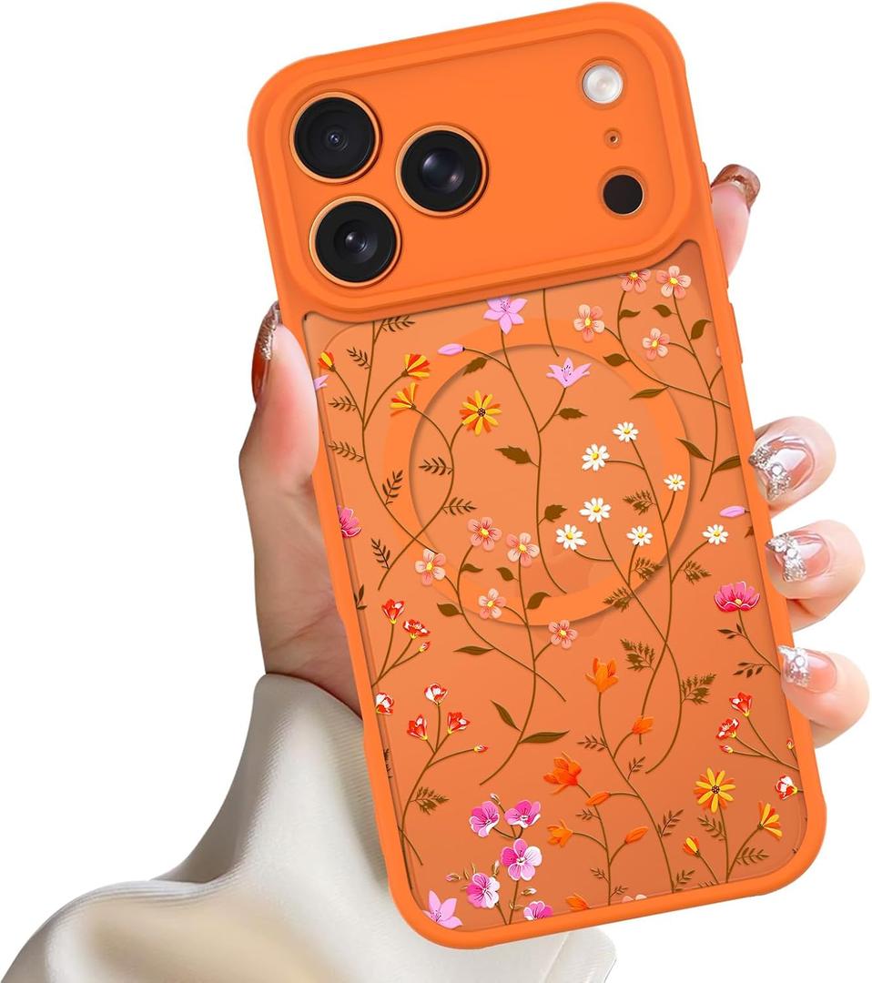 Magnetic Case for iPhone 17 Pro, Compatible with MagSafe,Cute Colorful Floral Pattern for Women Girls, Aesthetic Soft Slim Girly Pattern Phone Case Full Protection TPU, Orange