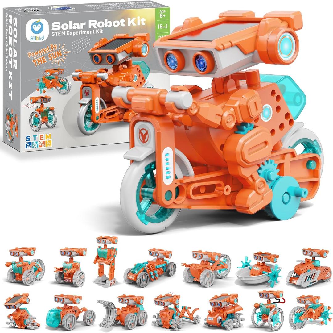 Sillbird Solar Robot Building Kit STEM Gift for Boys Aged 8-14, 15-in-1 DIY Science Educational Robotic Set, Solar or Battery Powered Toy for Kids Birthday with 212 Pieces