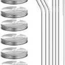 6pcs Pack 304 Stainless Steel Wide Mouth Mason Jar Lids with Straw Hole, Including 6pcs Stainless Steel Straws and 1pcs Cleaning Brush, Compatible with Ball & Kerr Mason Jars
