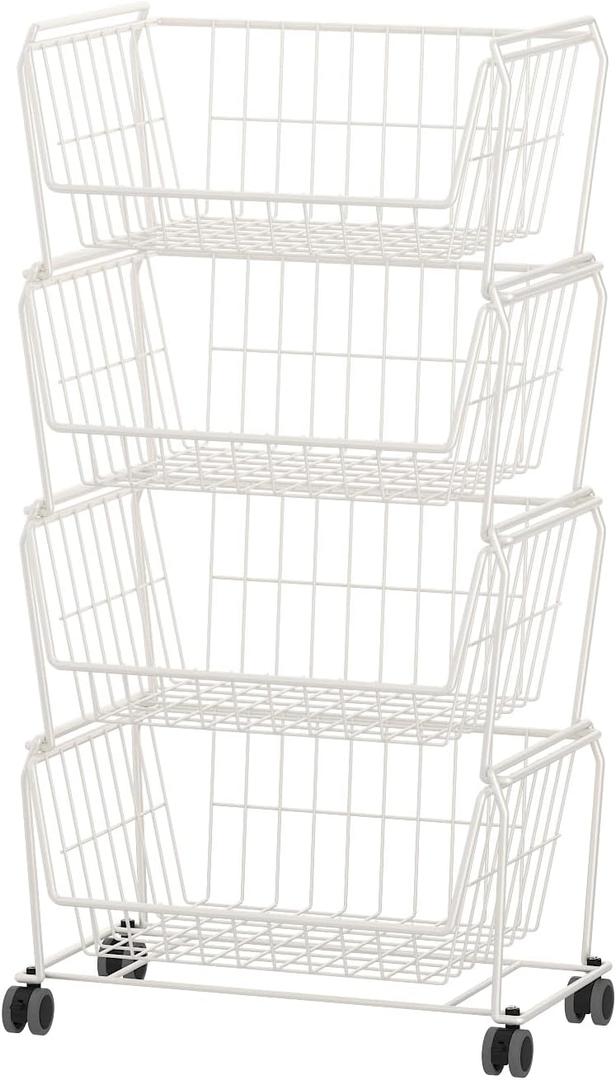 PUSDON Stackable Metal Storage Carts, Dual Use Shelf for Kitchen Fruit Vegetable Baskets with Wheels, Storage Rack for Living Room, Home & Office, Standard White 4 Tiers (4 Tier Standard)