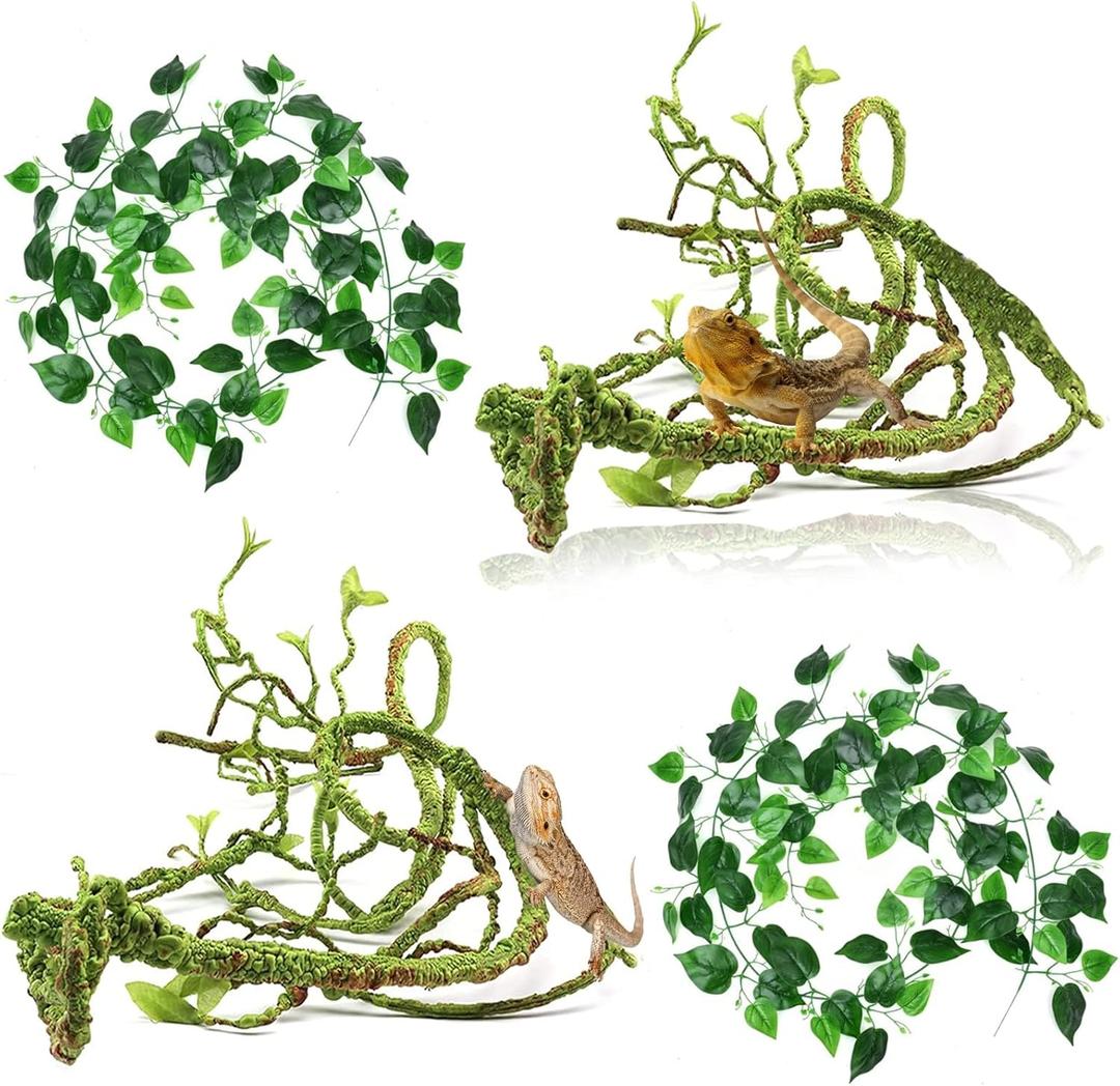 Hamiledyi Reptile Vines Flexible Bend A Branch Jungle Vines Plastic Terrarium Plant Leaves Pet Habitat Decor for Lizard Frogs Snakes and More Reptiles (Pack of 4)