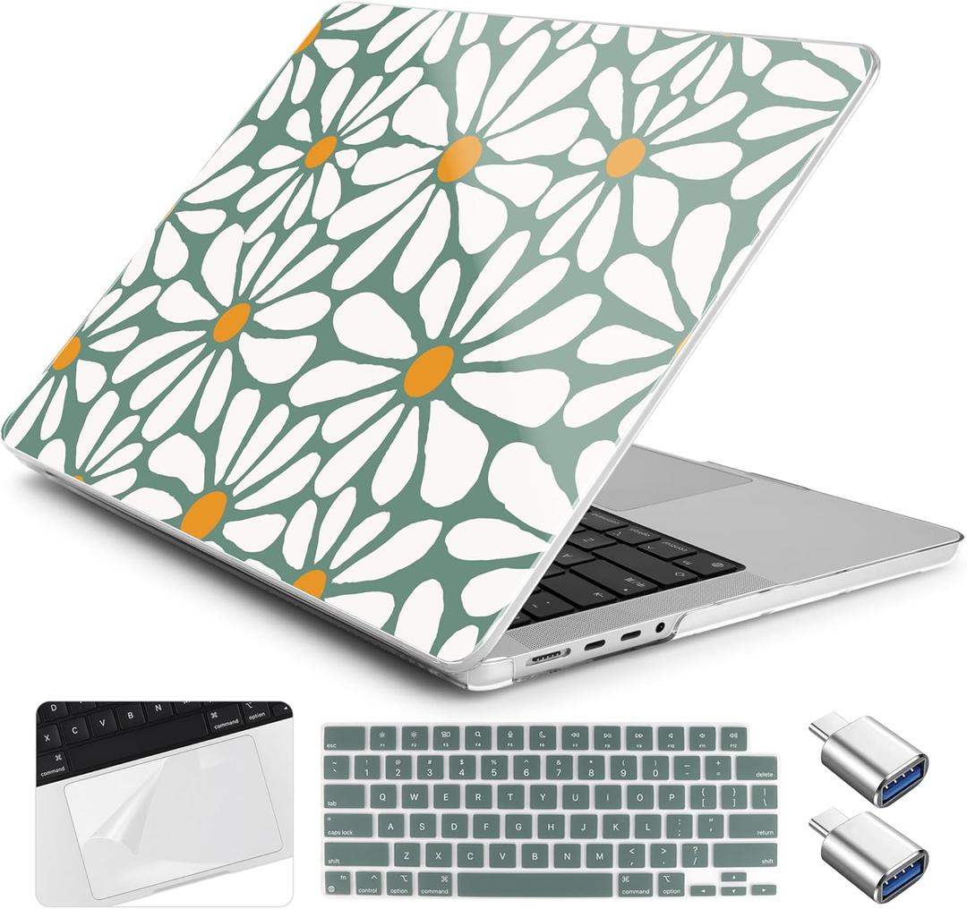 Case for MacBook Pro 16 inch M5 M4 M3 M2 M1 Pro/max 2026 2025-2021 A3429 A3428 A3403 A3186 A2991 A2780 A2485, Plastic Hard Shell & Keyboard Cover &Trackpad Protector&2 OTG, Daisy Flowers