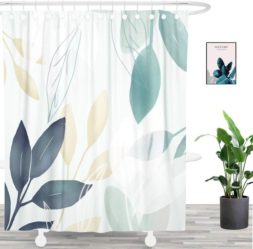Mordern Art Blue Watercolor Leaves Fabric Shower Curtain, Blue and Green Plants Dcor Bathroom Decoration Curtain. 71" x 71", Light Green Background