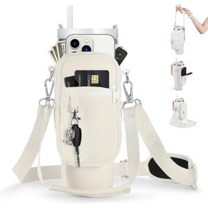 linmaya Water Bottle Carrier Bag for Stanley Cup 40/30oz with Phone Holder Pockets,Neoprene Water Bottle Cross-body Bag with Adjustable Shoulder & Hand Strap Stanley Cup Accessories (creamy white)