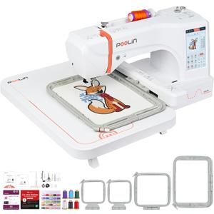 PooLin EOC06 Embroidery Machine,7" Touchscreen,7.9"x11" Hoop Area,Computerized Home Embroidery Machine for Beginners Gifts,200 Built-in Designs,USB & Wireless,Software,4 Hoops,Thread,Bobbin,Stabilizer (White)