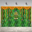 Pooja Backdrop Decoration Cloth Items Indian Ganpati Puja Traditional Chatiya Ganesh Mehndi Photography Background Festival Wedding Party Marigold Garlands Photo Booth Props Banner 6x4ft