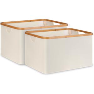 efluky Storage Baskets for Organizing, Fabric Storage Baskets with Bamboo Handles, Collapsible Storage Baskets for Shelves and Closet, Jumbo, Beige Set of 2