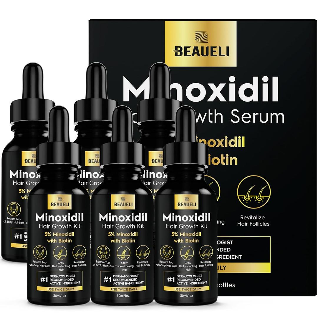 5% Minoxidil Hair Growth for Men and Women: Extra Strength Minoxidil Beard Regrowth Treatment Serum with Biotin for Thinning Hair Loss to Grow Thicker Fuller 30ml 6 Bottles (1 Fl Oz (Pack of 6))