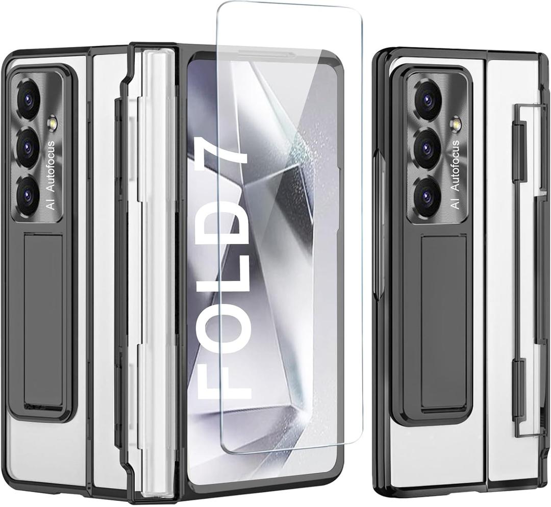for Samsung Galaxy Z Fold 7 Clear Case Hinge Protection with Screen Protector & Kickstand Plating Transparent Full Body Cover for Galaxy Z Fold 7 (Black)