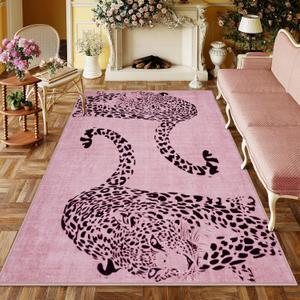 OJIA Leopard Print 5x7 Area Rugs for Living Room, Soft Washable Rugs for Bedroom Ultra-Thin Non-Slip Moden Pink Rug, Stain Resistant Nursery Rug Carpet for Kids Playroom Classroom Dining Room