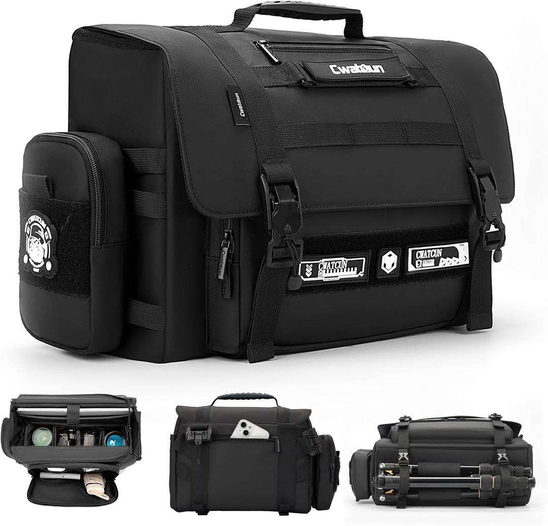 Cwatcun Camera Sling Bag, Waterproof Multifunction Photography Tactica Camera Crossbody Bag with Tripod Holder & Removable Accessory Bags for DSLR/SLR/Mirrorless Cameras - Large (Black)