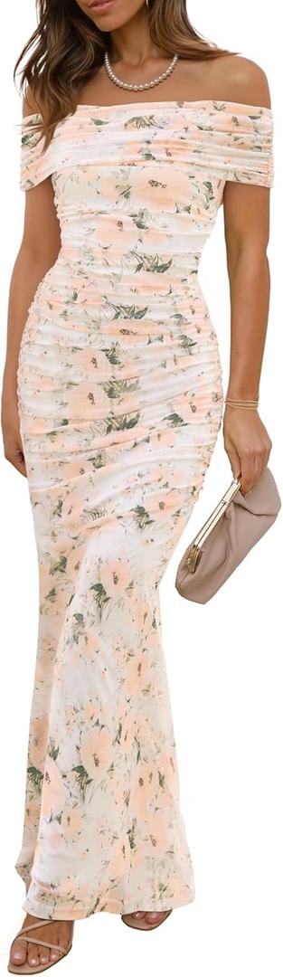Wedding Guest Dresses for Women 2025 Floral Formal Cocktail Maxi Styles Off The Shoulder Stretch Sexy Bodycon Dress (Beige) XS