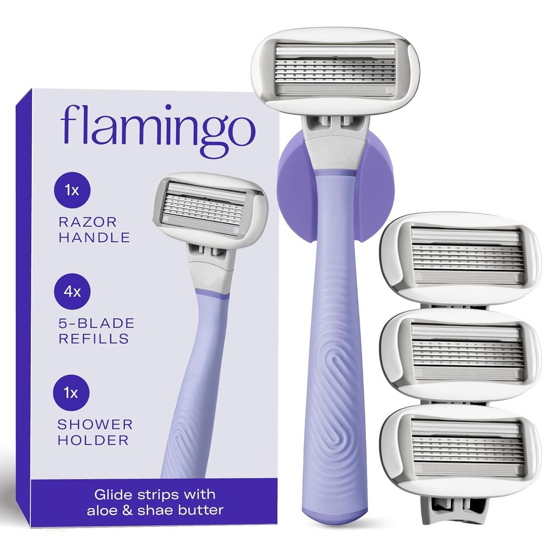 Flamingo Shaving Razor Set for Women - Original Razor Handle, 4 Blade Refills, and Shower Holder - Lilac