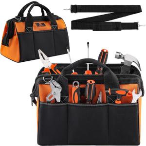 Tool Bag 14'', Thick Outer Pocket Tool Organizer Waterproof, Heavy Duty Tote with Shoulder Strap for Tool Storage, Black & Orange