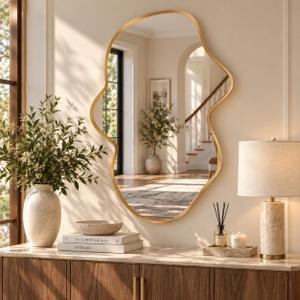 Irregular Wall Mirror, Asymmetrical Gold Bathroom Wavy Mirror