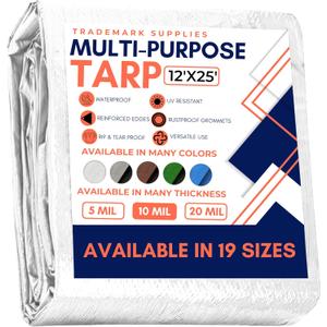 Large Waterproof Tarp - Heavy Duty 10 Mil Thick Poly Tarpaulin Ideal for Canopy Tents, Boats, RV or Pool Covers - Multipurpose Protective Tarps with Grommets for Indoor and Outdoor Use | 12' x 25'