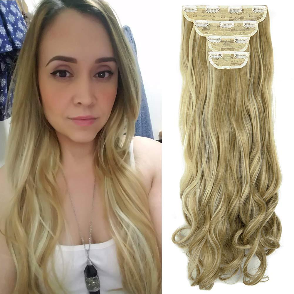 LELINTA 18" Curly Wavy 4 Pieces Set Thick Clip in on Synthetic Hair Extensions Hairpieces for Women Ash Blonde Mix Bleach Blonde (18 Inch-7.76 Ounce, Wavy-Ash Blonde Mix Bleach Blonde)