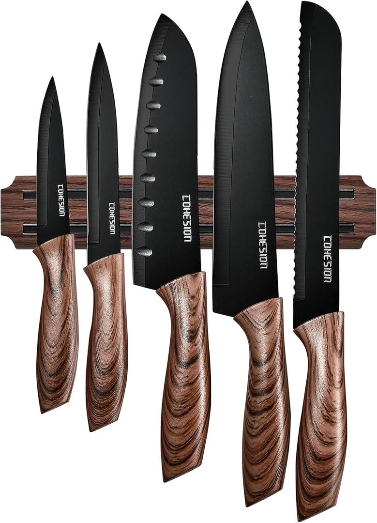 Cohesion 5 PCS Kitchen Knife Set with Magnetic Knife Strip for Wall, Ultra Sharp Kitchen Knives Set with Sheathes and Gift Box for Multipurpose Cooking with Ergonomic Handle