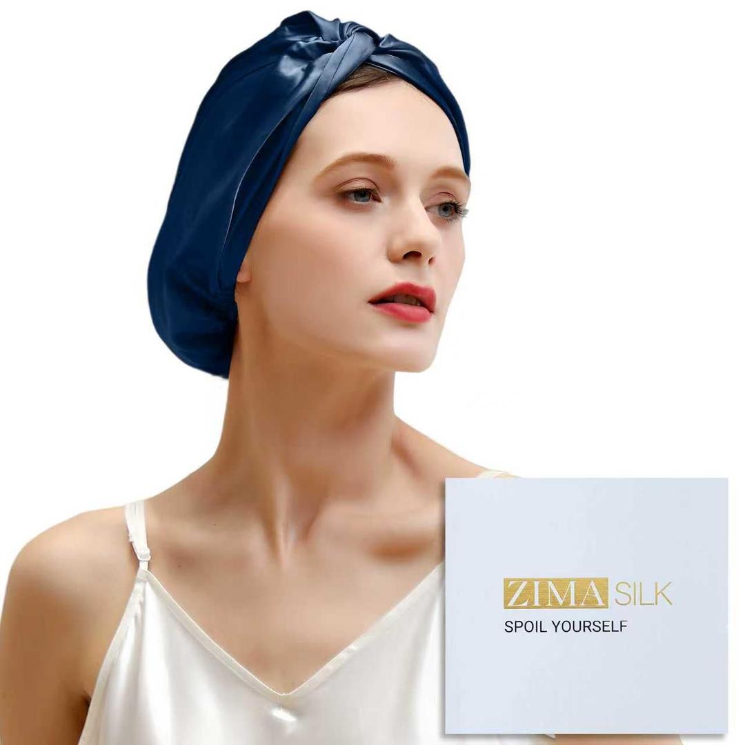 ZIMASILK 100% 22 Momme Mulberry Silk Bonnet for Sleeping Women, Breathable Silk Hair Wrap for Premium Hair Protection - Reducing Friction (1Pc, Navy) (One Size)