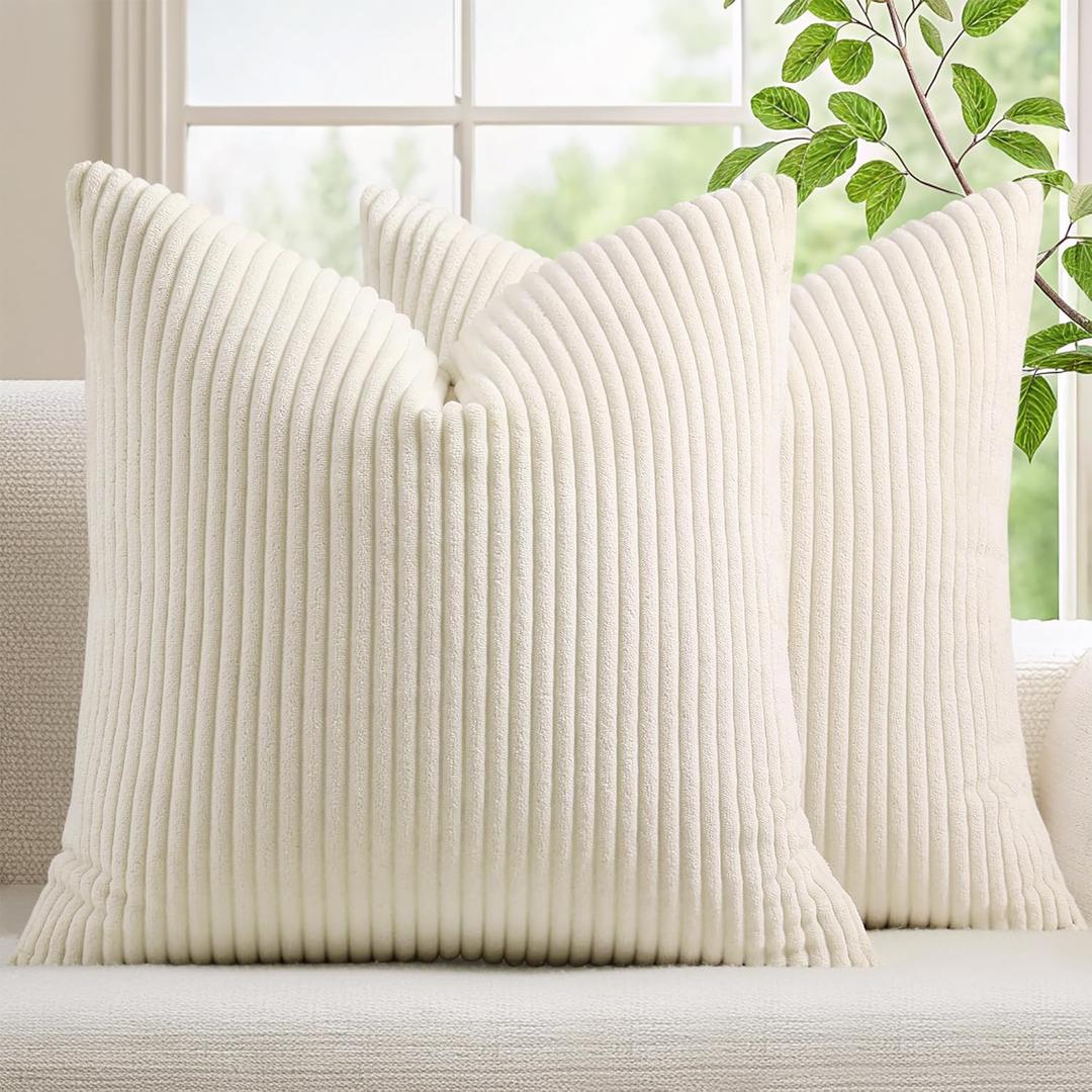 Mecatny Corduroy Summer Decorative Throw Pillow Covers 22x22 Set of 2 for Sofa Living Room, Soft Neutral Boho Couch Pillow Covers for Home Decor, Cream White