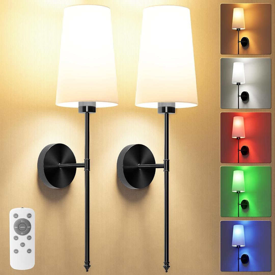 Wall Lights Battery Operated Wall Sconces Set of 2,Gold Wireless Wall Sconces with Remote,9 Colors Modes Rechargeable Wall lamp for Bedroom Living Room (Black, 27 inch)