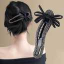Black Bow Rhinestone Duckbill Flat Hair Clips For Women 4.72IN French Claw Clip Barrettes Sweet Decorative Crystal Ribbon Hairclips Cute Bowknot Rhinestones Claw Clips For Thick Thin Hair Accessories