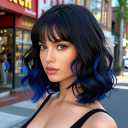 Veally Black Mixed Blue Bob Wig with Bangs for Women Shoulder Length Bob Curly Synthetic Wigs with Natural Wavy Black Mixed Brown Heat Resistant Wig for Daily Party Use