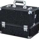 Joligrace Makeup Train Case Large 6 Tray Professional Organizer Box - Cosmetic Make Up Carrier with Lock & Key Carrying Strap for Studio Artist & Stylist Black Rhinestone