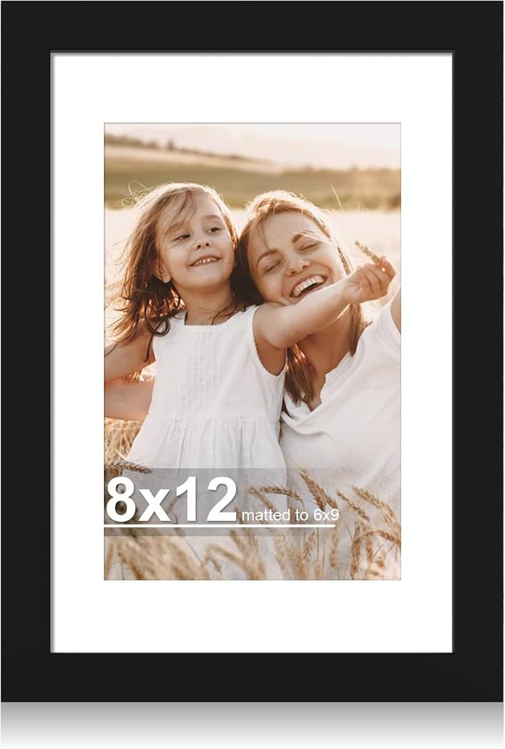 Hongkee 8x12 Picture Frame with Glass, Display Pictures 6x9 with Mat or 8 x 12 without Mat - Wall and Tabletop, 8 by 12 Photo Wooden Frames (Black, 1 Pack)