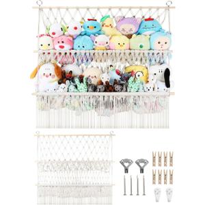 2 Tier Stuffed Animal Storage Shelf Net, 35x30'' Large Plushie Net w/ 2.4/1'' Dense Mesh for Mini Medium Stuffy Teddy, Beige Boho Macrame Toy Holder Display w/ Lights&Clips for Nursery Kid Girl Boy, Large-2 Tier-35'' Width