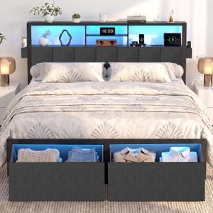 Full Size Bed Frame with LED Lights, Storage Drawers and Charging Station, Upholstered Headboard with 2‑Tier Shelves, Heavy Duty Metal Platform, No Box Spring Needed, Noise Free, Easy Assembly