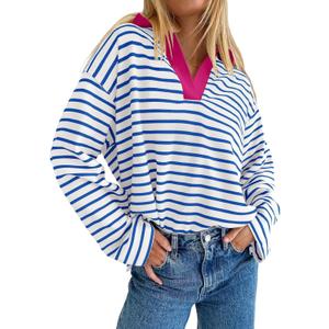 ZESICA Womens Striped Long Sleeve Tops Oversized Sweatshirt V Neck Loose Fit Tunic Tops Spring Casual Blouses (Blue, M)