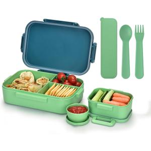 Homestockplus Wheat Straw Kids Bento Box, Leak-Proof, Microwave Safe, 5-Compartment, 8.3" x 5.3" x 2.1" (Small, Blue and Green)
