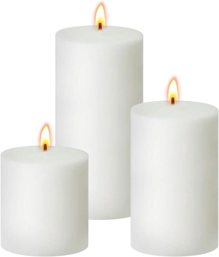White Unscented Pillar Candles 3-Pack  Dripless & Smokeless, Long-Burning Thick Candles (2",3",4" Heights) for Weddings, Home Decor & Serene Ambiance
