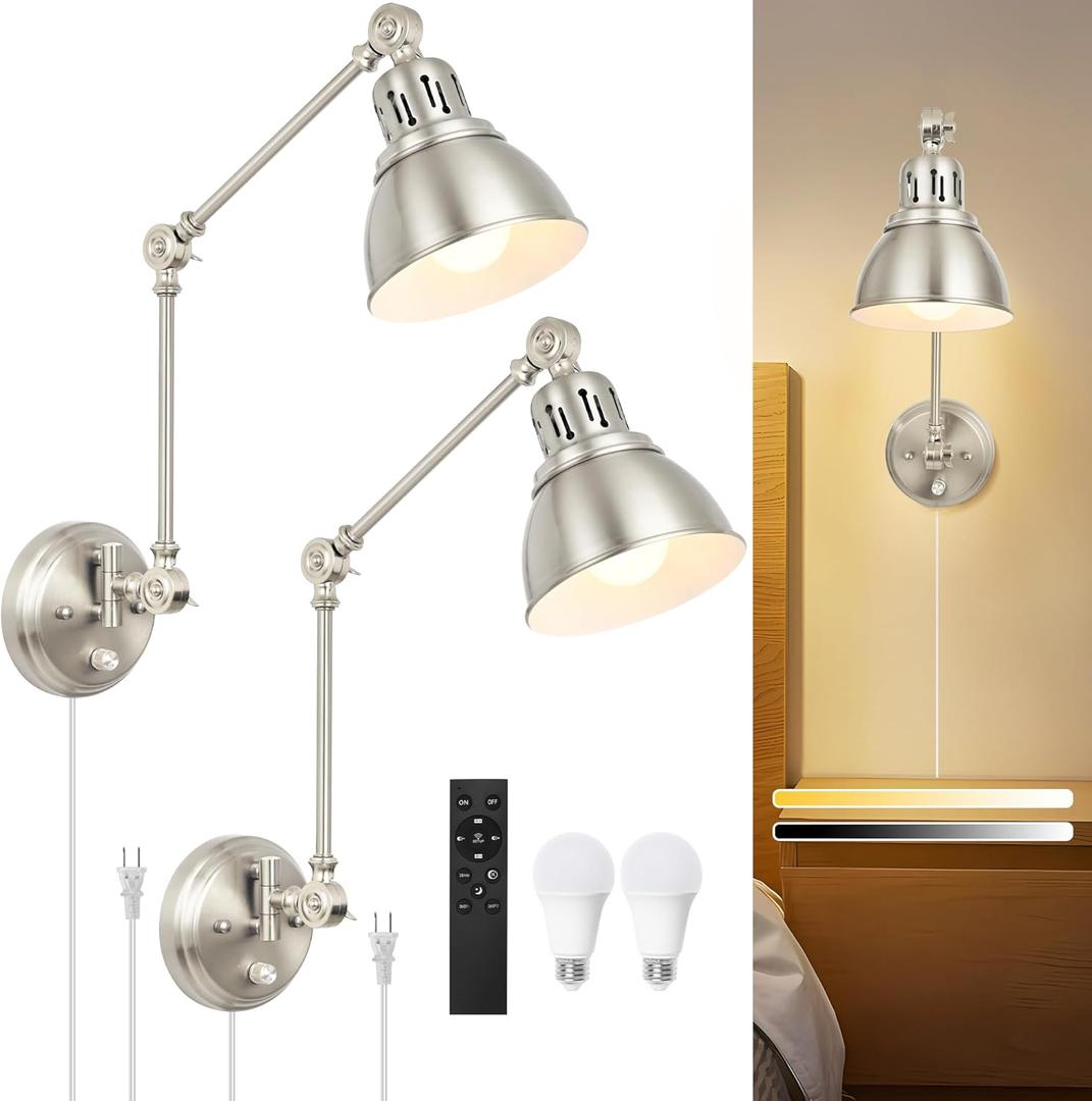 2 Pack Plug in Wall Sconces with Remote, Dimmable, Adjustable Colors, Swing Arm Wall Lamps, Wall Sconces Set of Two with Timer & Night Light, Plug-in or Hardwired (Brushed Nickel, With Bulbs+Remote)