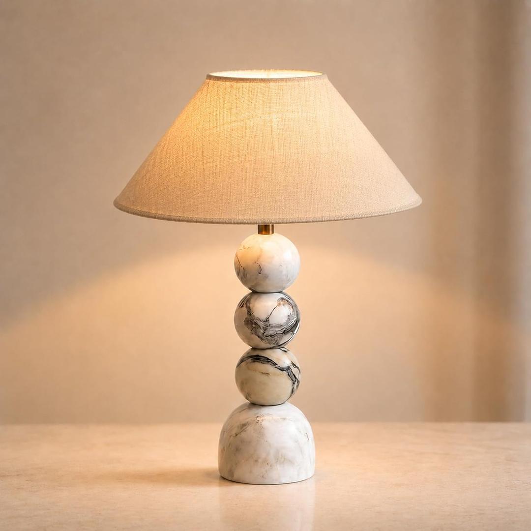 Calacatta Marble Table Lamp,Beige Linen Shade,for End Table
