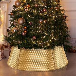 Metal Christmas Tree Collar, 28" Christmas Tree Collar Skirt Base Stand for Real or Artificial Trees Christmas Tree Ring Collar Base Cover Fits Large Xmas Tree 6-9 Ft - Adjustable (Gold)