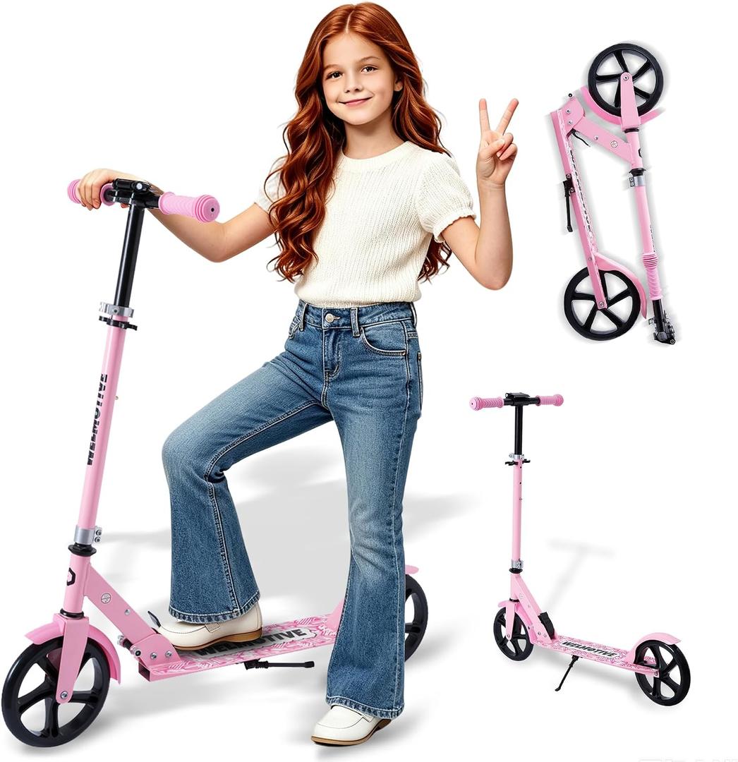 Kick Scooter for Kids Ages 6+, Teens & Adults, Adjustable Handlebars, Rear Brake, Big Wheel Foldable Scooter for Indoor & Outdoor