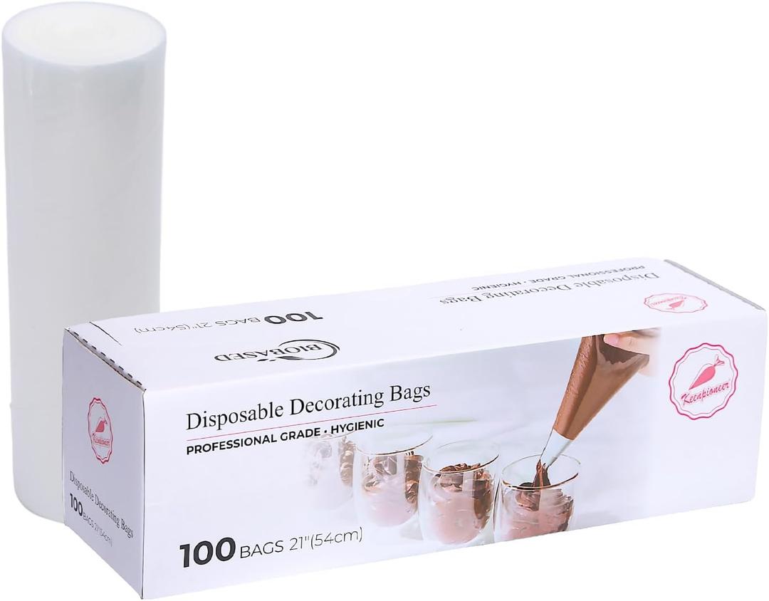 Keenpioneer Disposable Piping Bags, Biobased, 21 Inch, Extra Thick Cake Decorating Pastry Bags, Pack of 100 in a Dispenser Box, Clear, Professional Grade for Chefs and Home Bakers