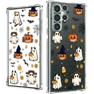 2 x Spooky Halloween Case for Samsung S24 Ultra, Slim Clear Cover with Cute Pumpkin & Ghost, Soft Touch Shockproof Bumper, 6.8" Protective Case