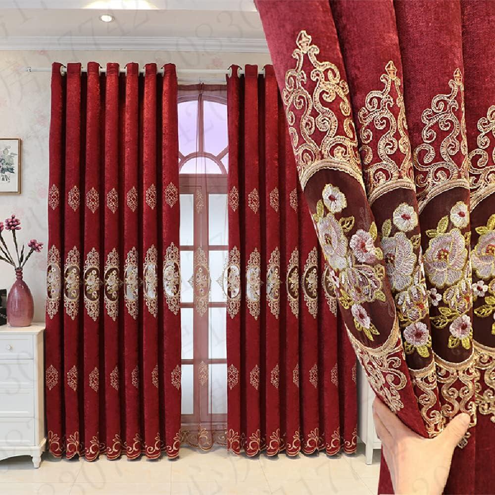 Amidoudou 1 Pair European Luxury Jacquard Hollow Curtains Embroidered Chenille Curtains for Living Room Bedroom (Red,63x84 Inch)